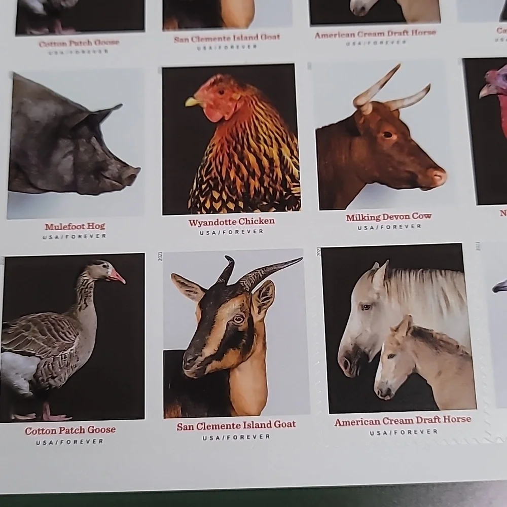100 Heritage Breeds 2021 Forever Postage Stamps US Postal USPS Farm Animals Mail